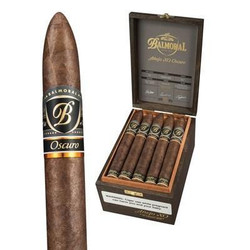 Scandinavian Tobacco Balmoral Anejo XO Oscuro Torpedo MK52 Cigars 20Ct. Box, featuring a single dark, oily cigar with a black and gold band and an open box containing twenty cigars with gold and black branding.